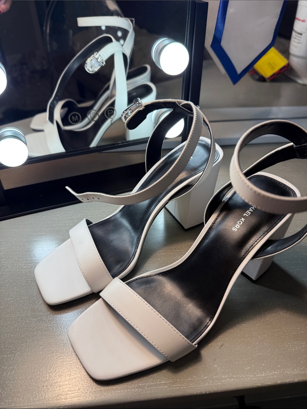 Michael Kors White Square-Toe Block Heel Ankle Strap Sandals